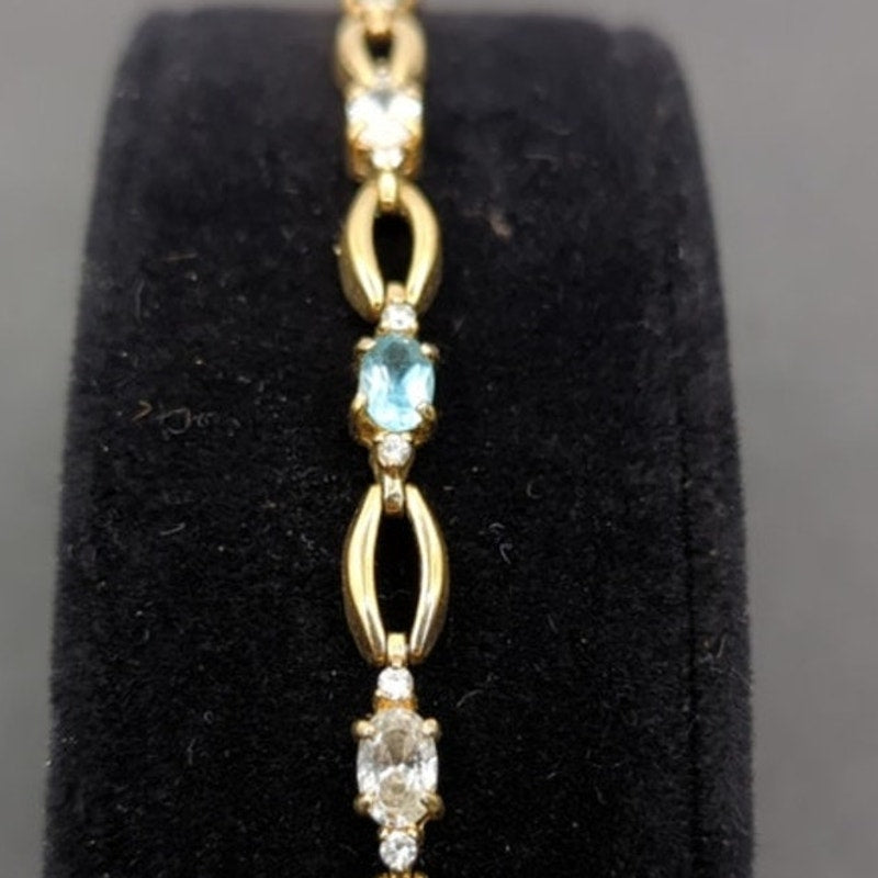 Vintage Fashion Gold-Tone Marquise Link Aquamarine Crystal Bracelet