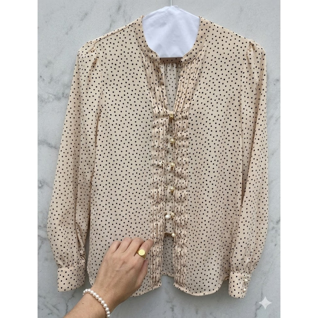 Karl Lagerfeld Pink black Polka Dot Faux Pearl Button Blouse Small Vintage