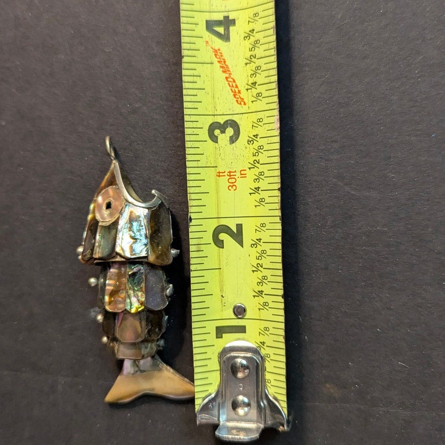 Vintage Articulated Abalone Shell Fish Pendant Brass Mexican Style Movable