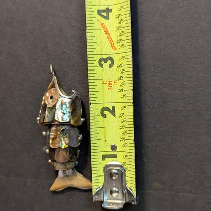 Vintage Articulated Abalone Shell Fish Pendant Brass Mexican Style Movable