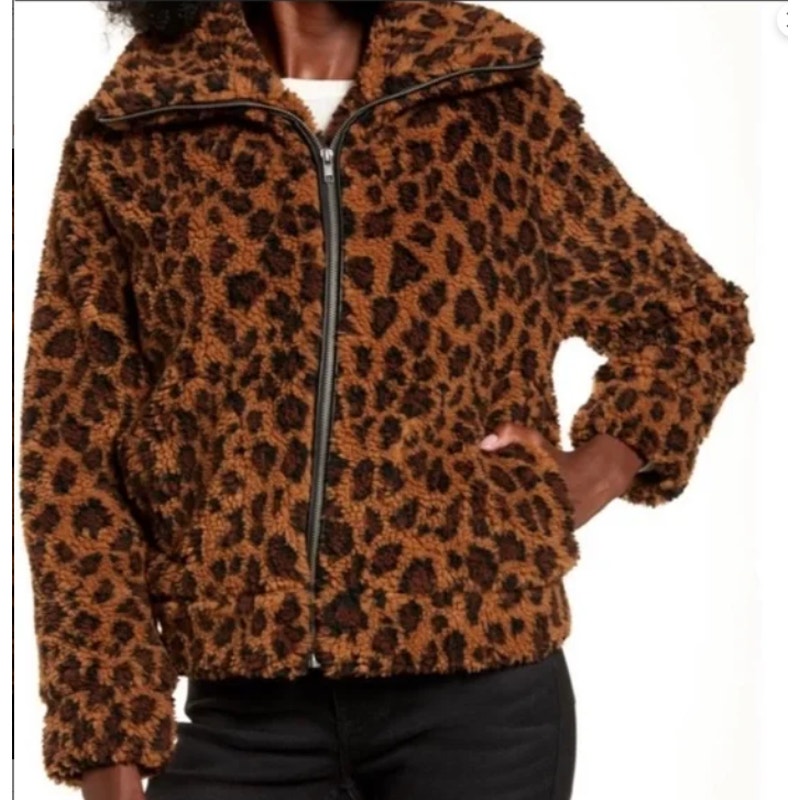 BB Dakota Leopard Print Coat Large Womens Full Zip Brown Black Long Sleeve