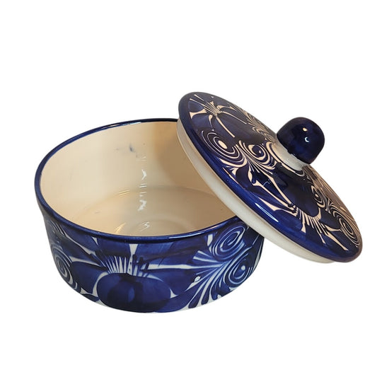 Hand painted Talavera Serving dish  tortilla Warmer Covered Blue White 8" x 3.5"