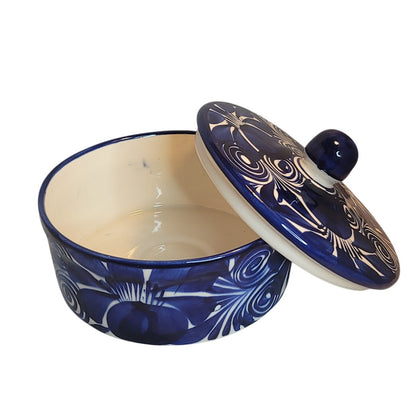 Hand painted Talavera Serving dish  tortilla Warmer Covered Blue White 8" x 3.5"