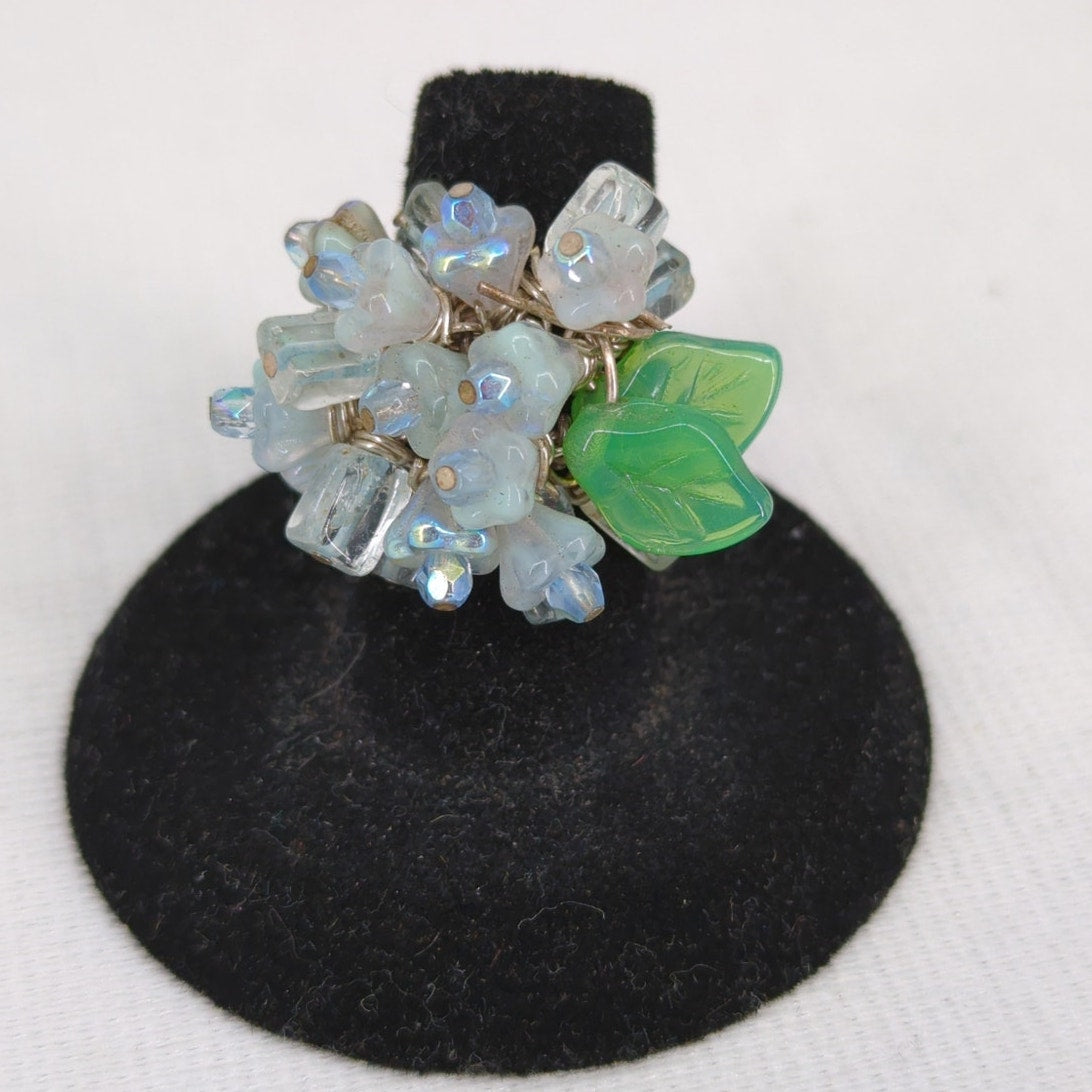 Vintage Iridescent Beaded & Green Leaf Cluster Size 7 adjustable Cluster ring