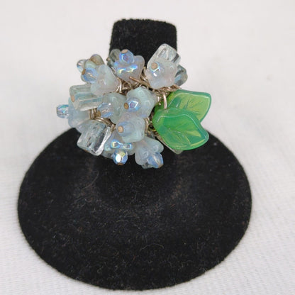 Vintage Iridescent Beaded & Green Leaf Cluster Size 7 adjustable Cluster ring