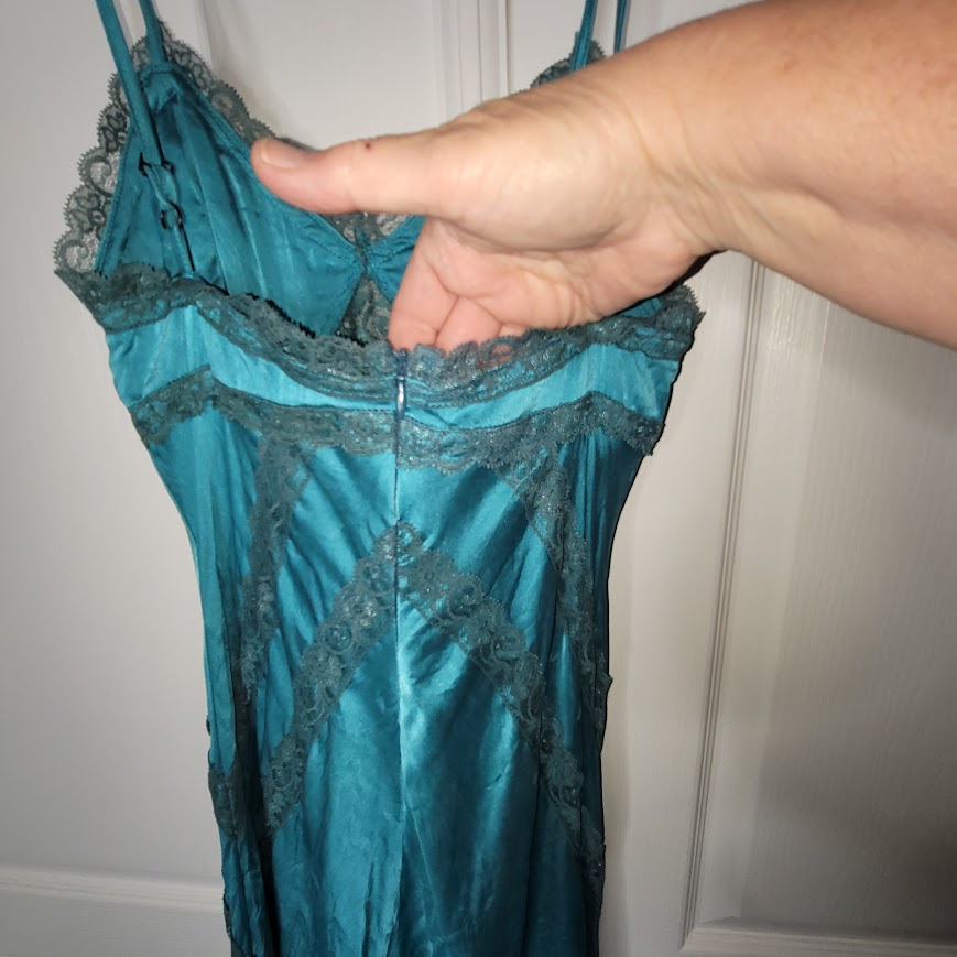 Vintage Turquoise Teal Silk Beaded Halter Slip Dress Size Medium