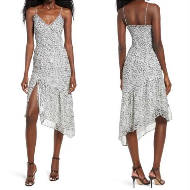 Leith Nordstrom Asymmetrical Midi Dress Floral Small Summer Jenn Geo Black White