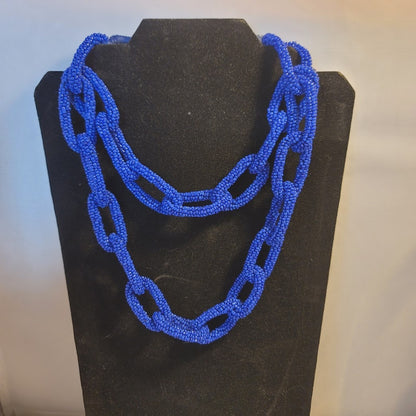 Handmade Double 9" interlocking Blue glass Beads Chain Funky Statement  Necklace