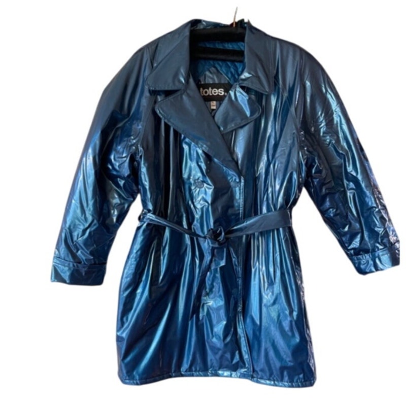 Totes Blue Jacket Coat belt LARGE Raincoat quilted lining Mid Length VINTAGE