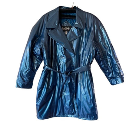 Totes Blue Jacket Coat belt LARGE Raincoat quilted lining Mid Length VINTAGE