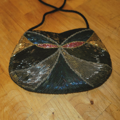 Vintage bugle glass beads 80s purse shoulder EVENING bag black gold silver blue