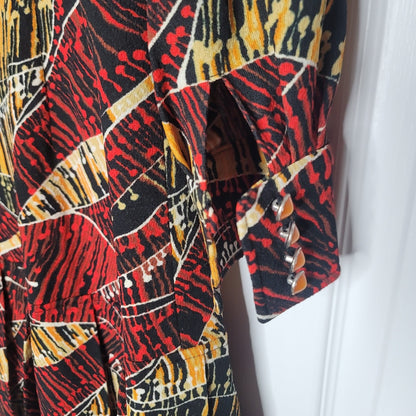 Vintage Geometric Gold Red Black 1960s Mini Dress Long Sleeve Medium button