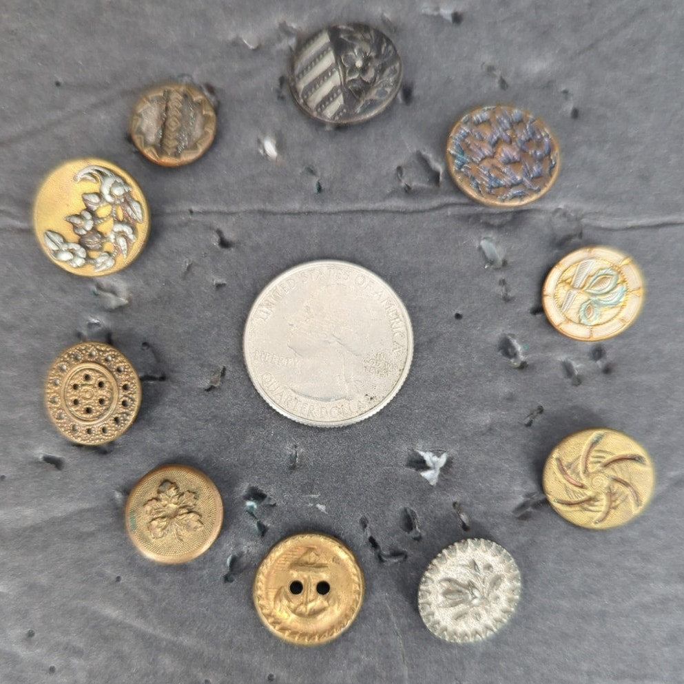 LOT S of 10 Antique Vintage Victorian Brass Mixed Materials Buttons ESTATE FIND