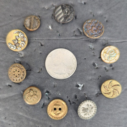 LOT S of 10 Antique Vintage Victorian Brass Mixed Materials Buttons ESTATE FIND