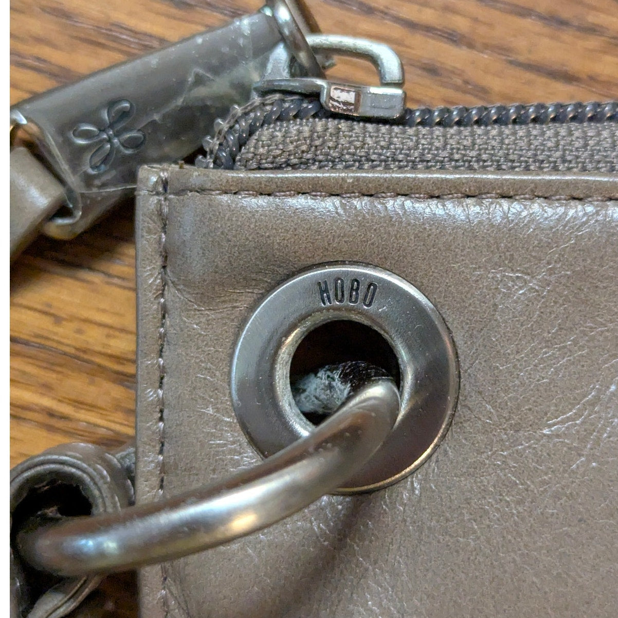 Vintage Hobo International Taupe Leather Grommet Wristlet Clutch Wallet