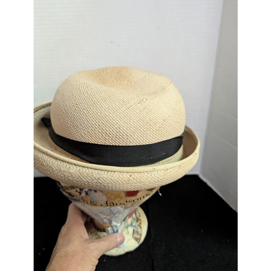 Imported Genuine Panama straw Vintage ladies HAT 40's 50's Breton roller ribbon