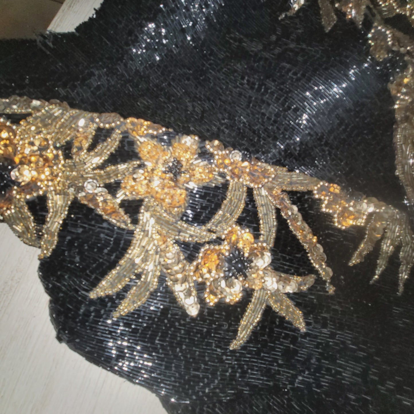 Sho Max SILK heavy beaded sequin dress 80s Vintage Formal SMALL gown Black Gold