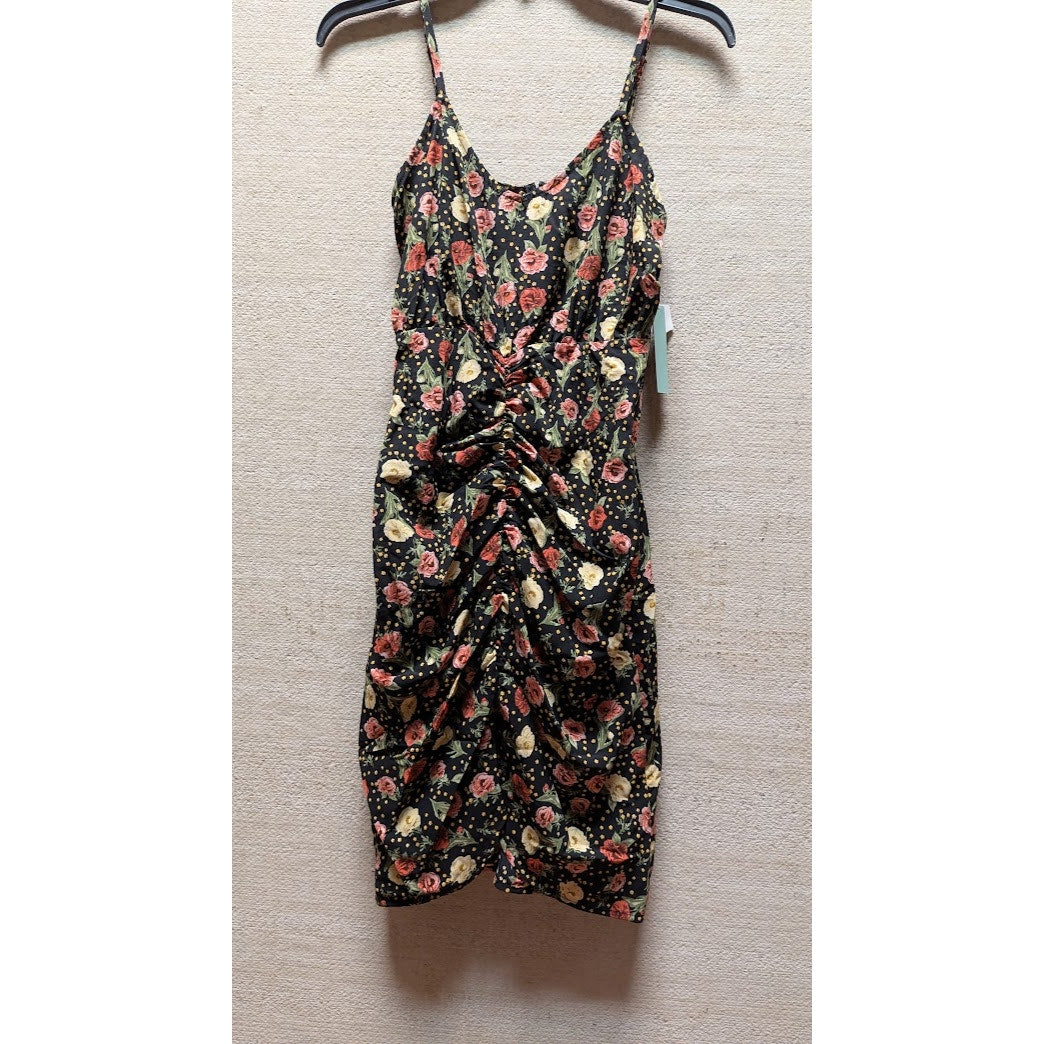 Abound Size XXS Black Floral Bodycon Ruched Front Spaghetti Strap summer DRESS