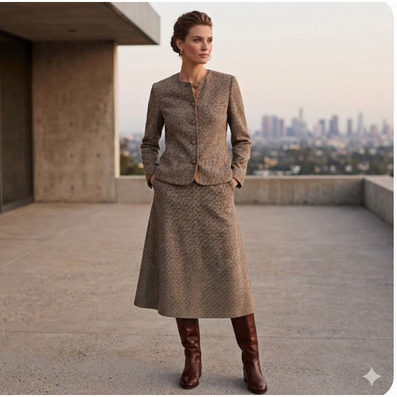 Vintage 2 Pc. SET  lined Tweed Skirt w/ pockets Suit Button Front Jacket A-Line