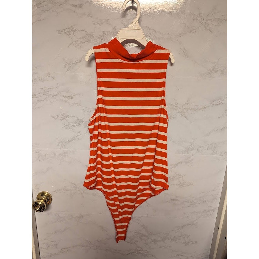 NEW Abound red white stripe sleeveless mock neck thong bodysuit Size Large layer