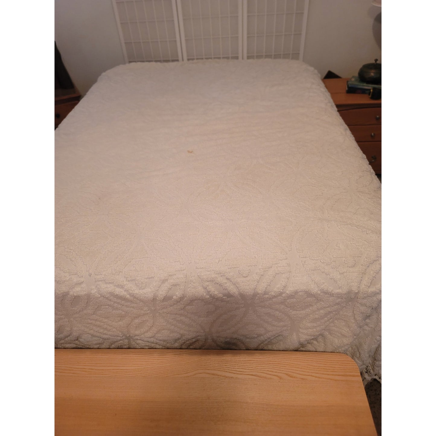 Vintage White Chenille Candlewick Medallion Queen Bedspread with Fringe