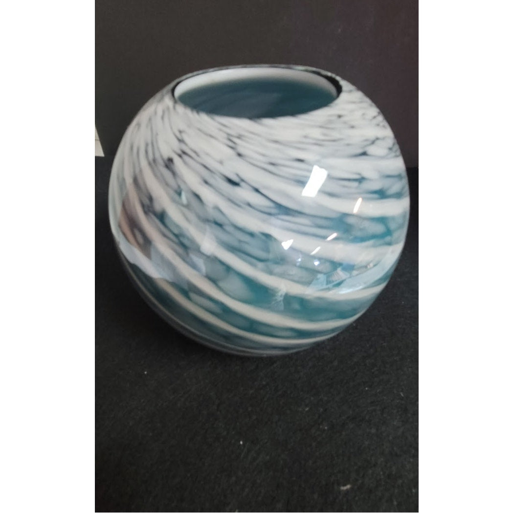 Vintage Blue White Swirl Art Glass Rose Bowl Vase Candle Holder Coastal Beach