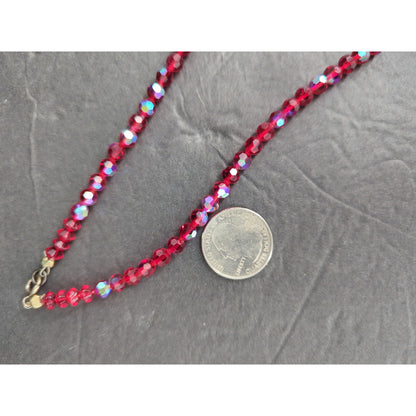 Vintage Red Aurora Borealis Crystal Beaded Strand Necklace Mid-Century Glam
