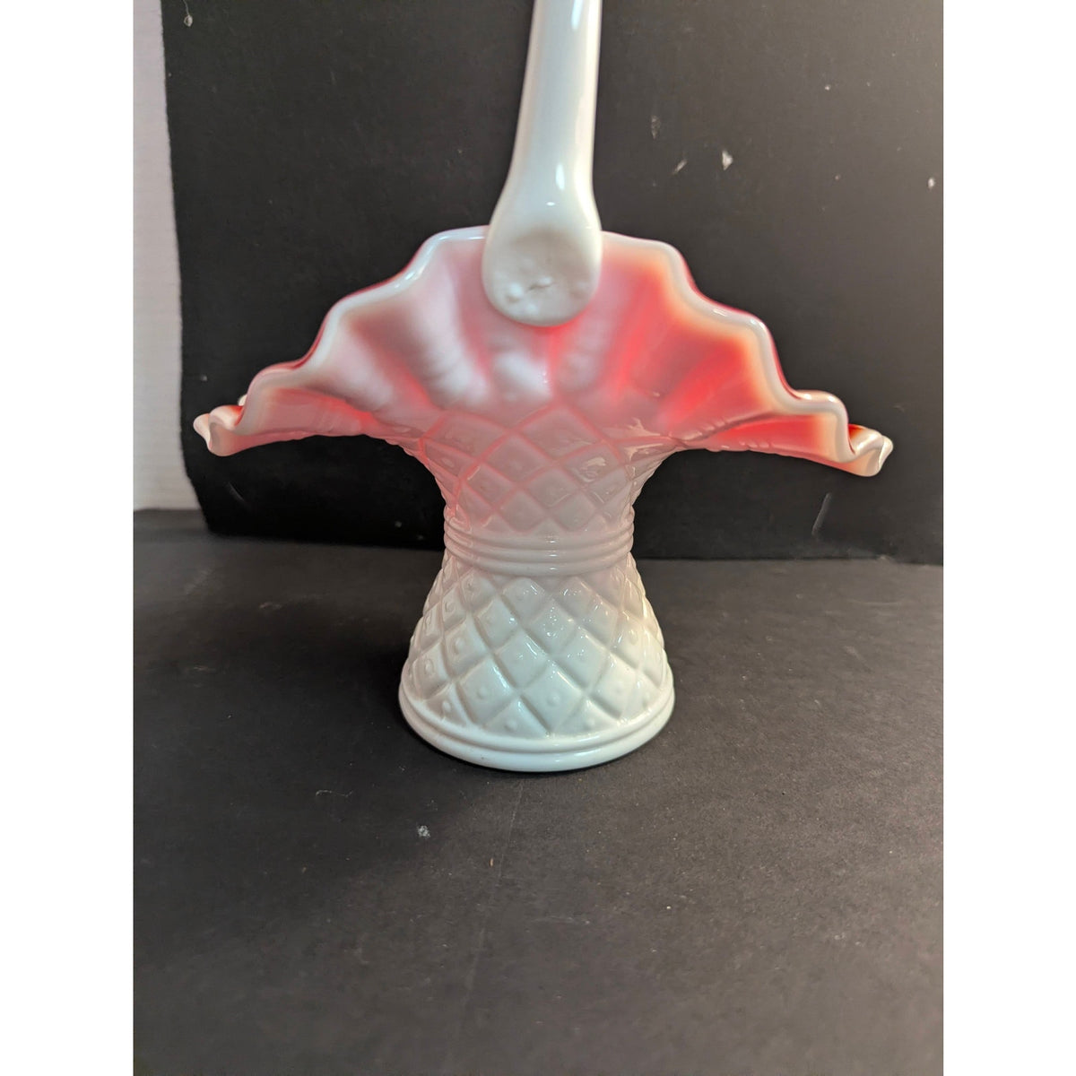 Vintage Fenton Ruby Overlay Diamond Optic Ruffled Glass Basket Centerpiece