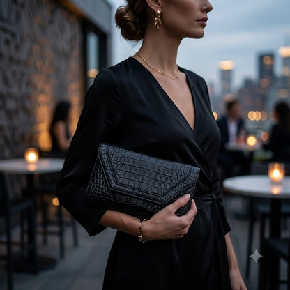 Vintage Black Faux Alligator Clutch Shoulder Bag Mid-Century Modern Glam