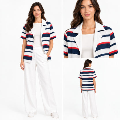 Vintage Red White Blue Patriotic Striped Casual Short Sleeve Open Front Jacket