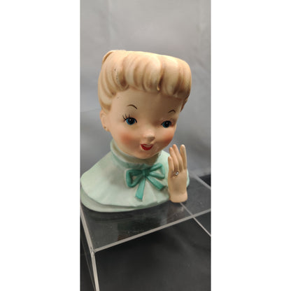 Vintage 1950s Damaged Napco Blonde Lady Head Vase Planter Green Dress Kitsch