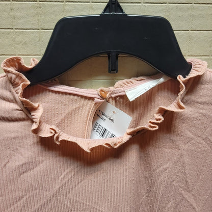 LUSH small ribbed long puff sleeve blouse top Mauve ruffle neck stretch light