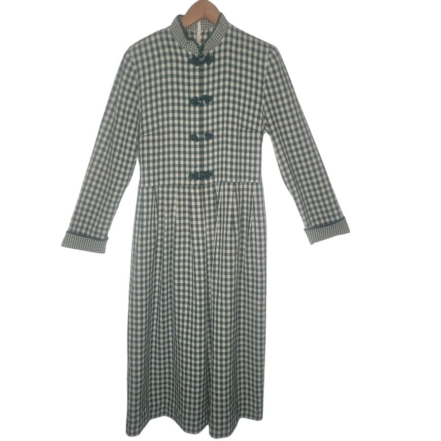 Vintage Plaza South Green Gingham Check Midi Dress Large Frog Closures Medium