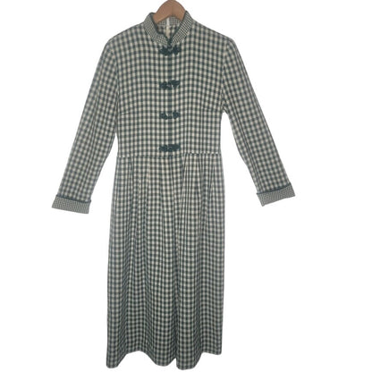 Vintage Plaza South Green Gingham Check Midi Dress Large Frog Closures Medium
