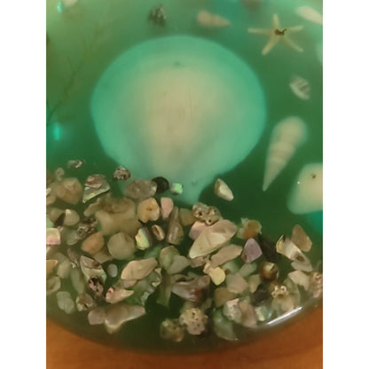 Vintage Lucite Shell & Abalone Round Trivet Green Under Water Scene 7.5" COASTAL