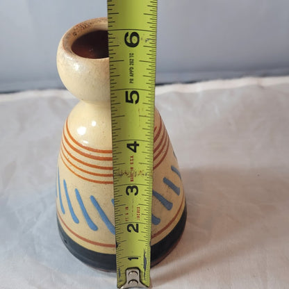 Vintage handmade vase tapered blue rust cream 6" tall
