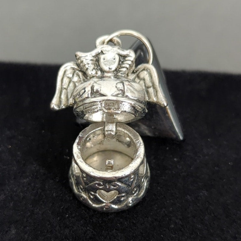 Vintage Antiqued Pot Metal Angel Poison Box Charm One Inch Detailed Wings Gothic