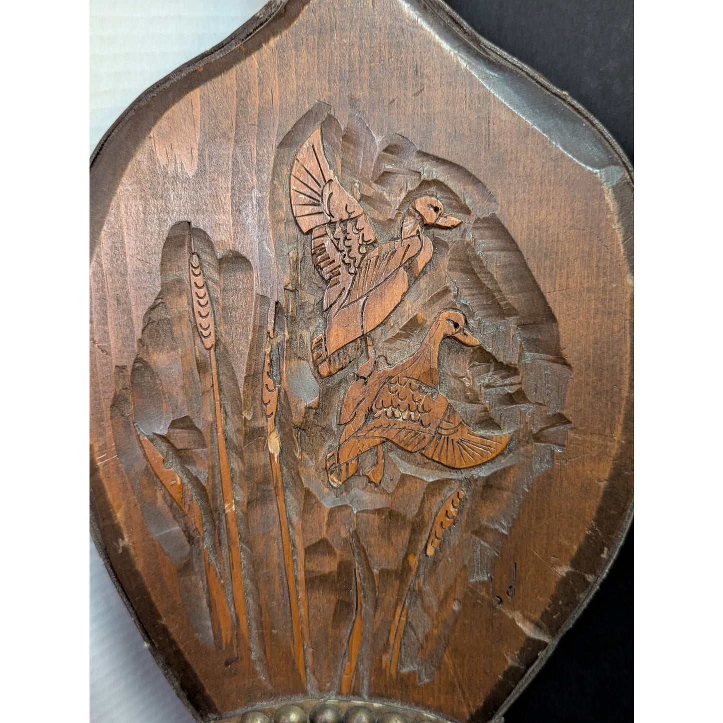 Vintage Hand Carved Wood Fireplace Bellows Bird Motif Brass Studs Large 22"