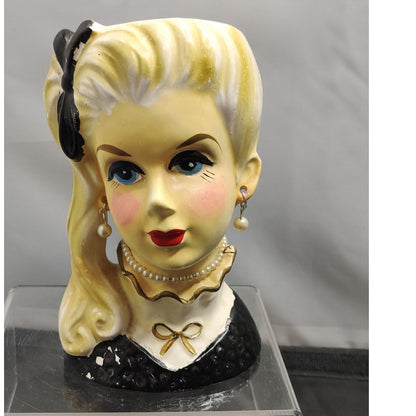 Retro MCM Kitsch Planter Blonde Lady Headvase Black Bow Glam Side Pony Vase