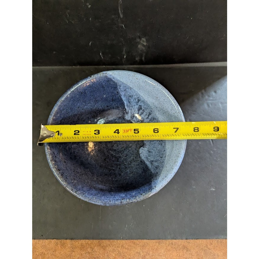 Vintage Blue art pottery bowl drip glaze 3.5" tall stoneware Signed
