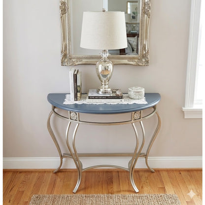 Secondhand Sandies: half moon Mezzaluna table. blue top metal base