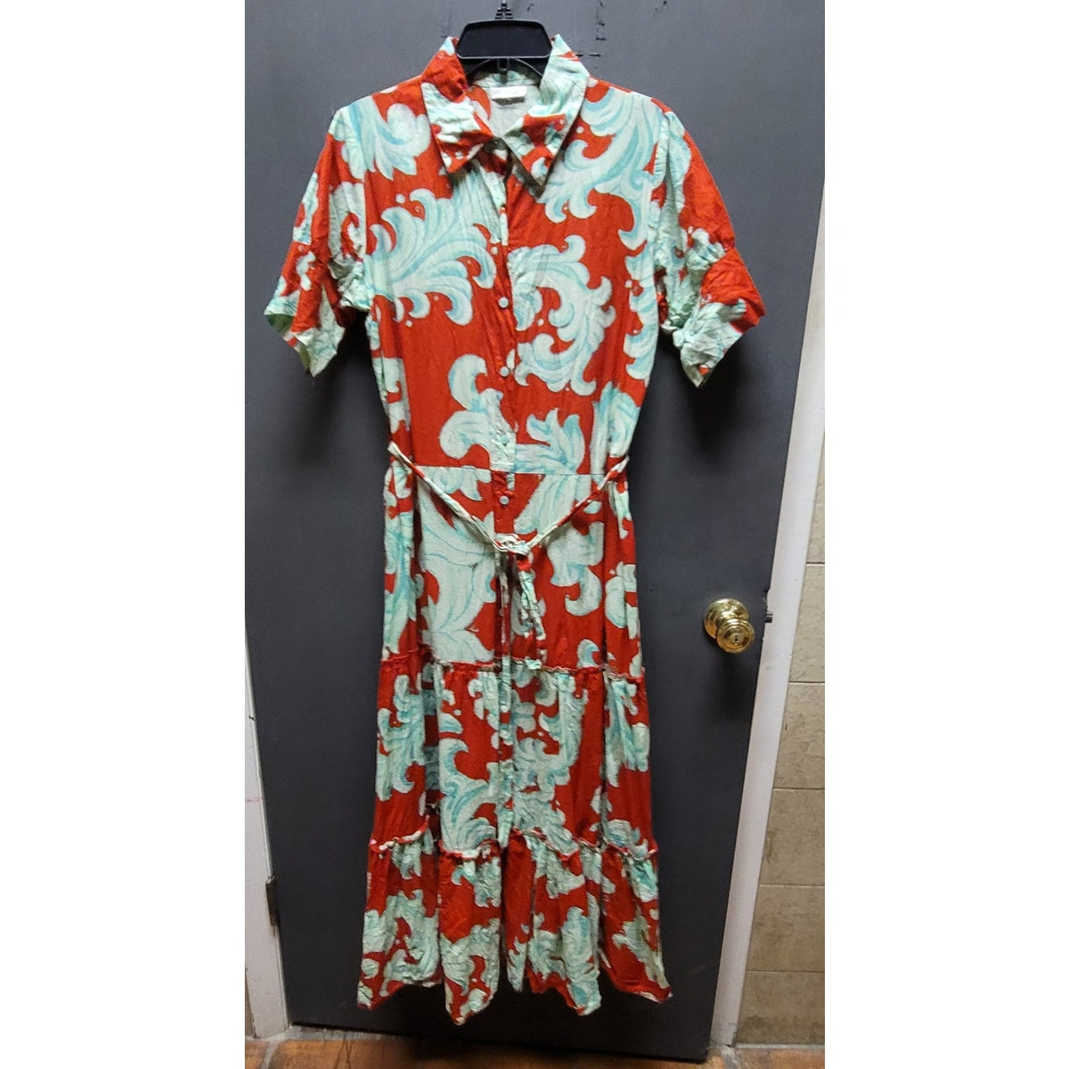 Alcee Short Puff Sleeve Maxi Dress Collar  Detachable Belt Crimson Mist Baroque