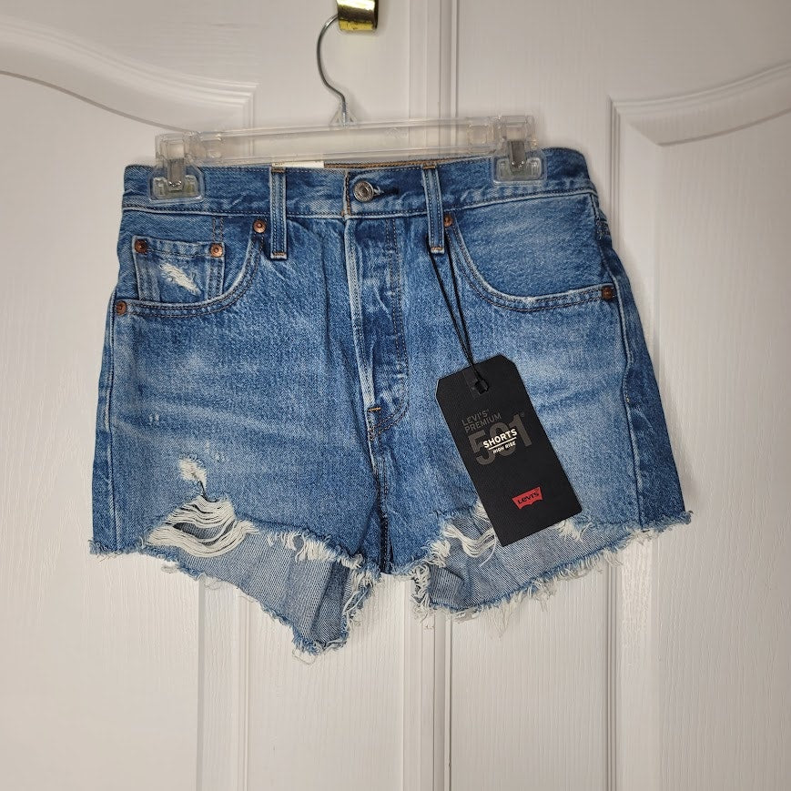 NEW Levis 501 Blue Jean Cut off Ripped Destroyed High Rise Shorts Size 25