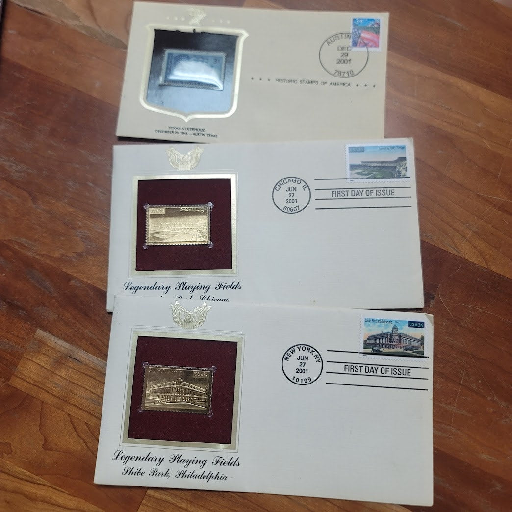 LOT Stamps Shibe Park 22KT, Comiskey Park 22kt, Texas Statehood Historic America