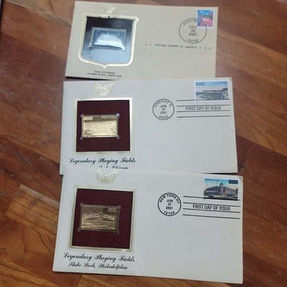 LOT Stamps Shibe Park 22KT, Comiskey Park 22kt, Texas Statehood Historic America