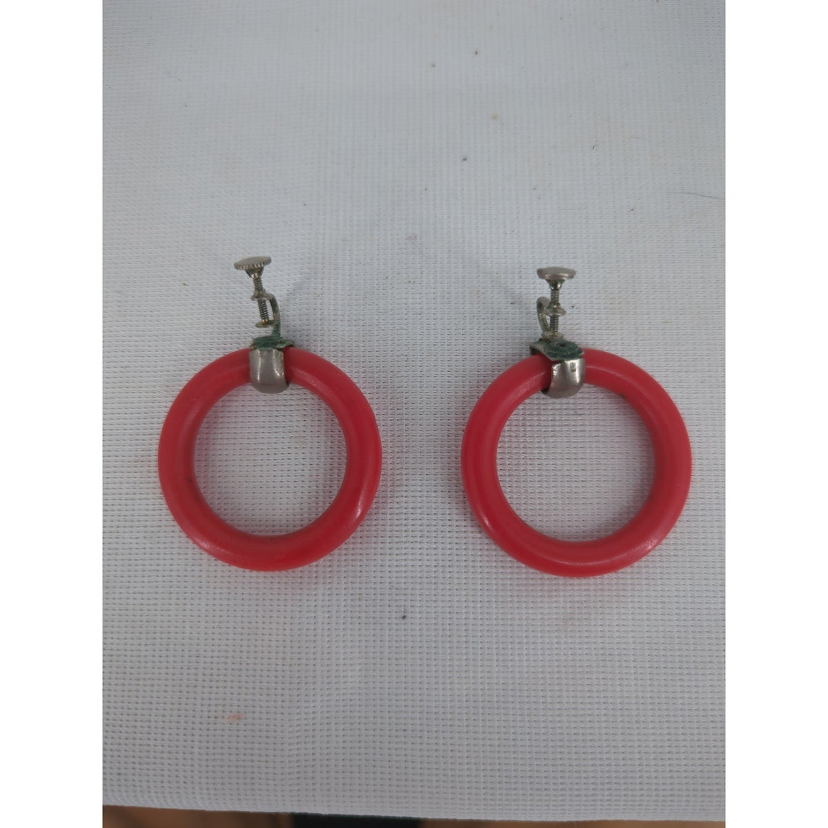 Vintage Bright Red Hoop Clip On Earrings Silver Tone Mid Century 1960s Mod