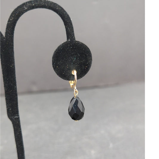 Vintage Black Spinel Bead Drop Dangle Earrings Gold Tone Clip On 1960s