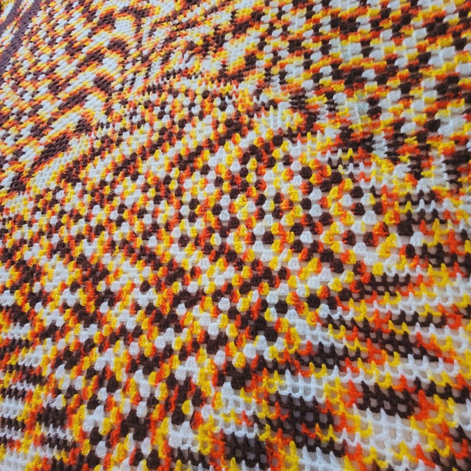 Handmade crocheted 70s coverlet yellow brown white orange Queen / Full blanket