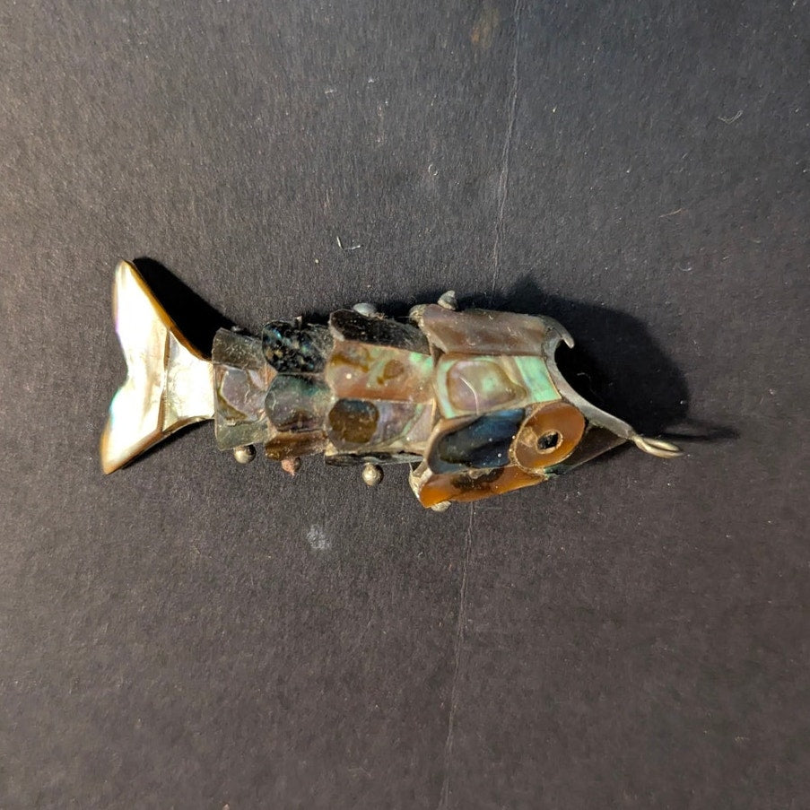 Vintage Articulated Abalone Shell Fish Pendant Brass Mexican Style Movable