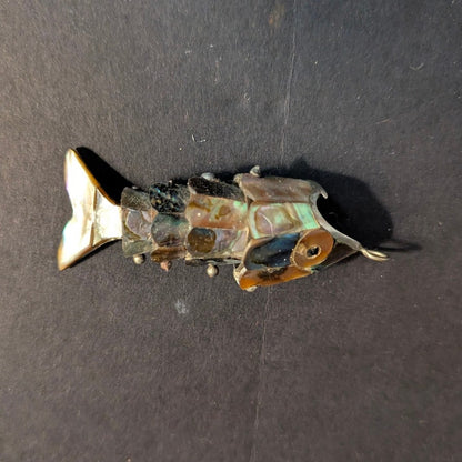 Vintage Articulated Abalone Shell Fish Pendant Brass Mexican Style Movable